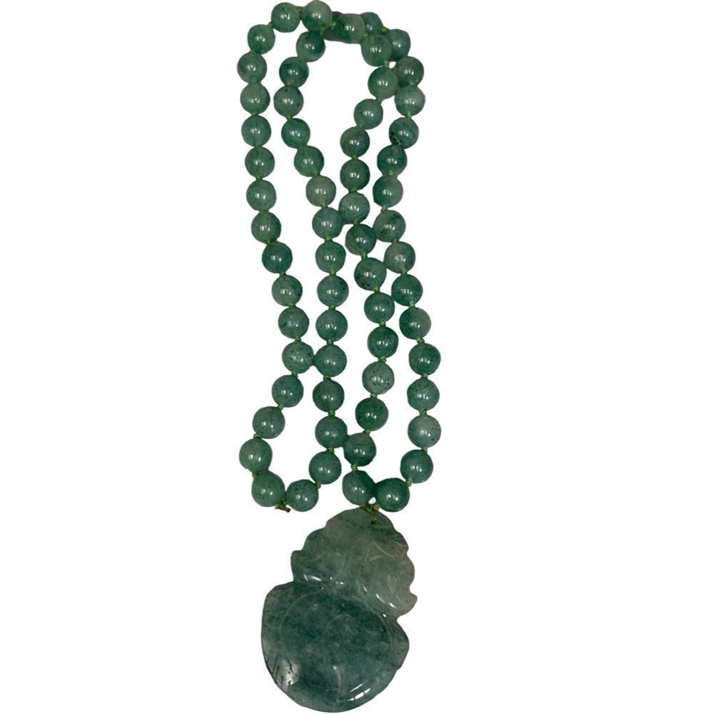 Antique Chinese Carved Celadon Apple Jade Gourd Pendent Bead Good Luck Necklace